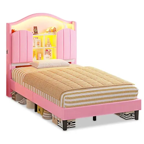 SIKAIC Blush Pink Cozy Velvet Twin Size Wood Storage Bed Frame - Ornate Curved Headboard, Integrated Hidden Storage, LED Light, USB Port, Silent Design, Engineered Wood, Assembly Required