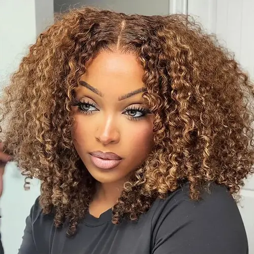 Ashimary Women's Highlight Brown Virgin Human Hair Wig, Glueless Kinky Curls Short Bob, 4x6 Lace Closure, Pre-Plucked, 180% Density, 4/27 Colored, Wear-and-Go Curly Human Hair Wig