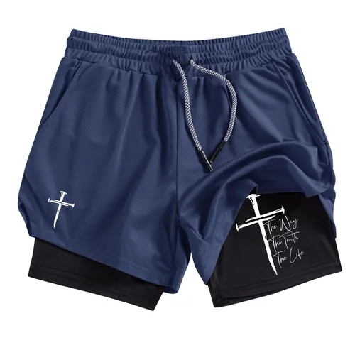 Men's Dual Layer Multi-Pocket Shorts with Cross Nail Print, Summer Quick-Dry Breathable Sporty Gym Workout Impact Shorts for Running and Fitness, Active Athletic Shorts, Athleisure Shorts, Activewear Shorts, Shorts Sportswear