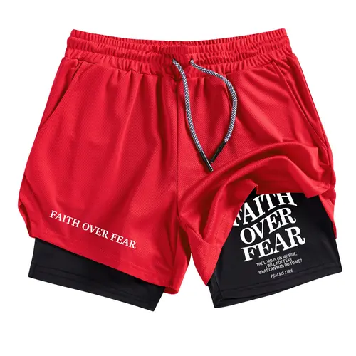 Faith Letter Print 2-in-1 Performance Shorts for Men, Summer Breathable Quick Drying Sporty Shorts, Gym Workout Running Shorts with Phone Pocket Zipper Pocket Towel Loop, Elastic Drawstring Shorts