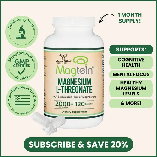 Magnesium L-Threonate (Magtein)  | 2000 mg | 120 Count | Crosses the blood-brain barrier | Healthy Cognitive Function | Double Wood Supplements