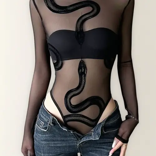 Sheer Velvet Snake Print Mesh Bodysuit Piece, Sexy Slim-Fitting All-In-One for Summer, Elegant and Bold Fashion Statement