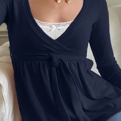 Casual American Style Women’s Long Sleeve A-Line Top, Cross V-Neck Design with Tie, Perfect for Spring & Fall Wardrobe, Fitted Blouse