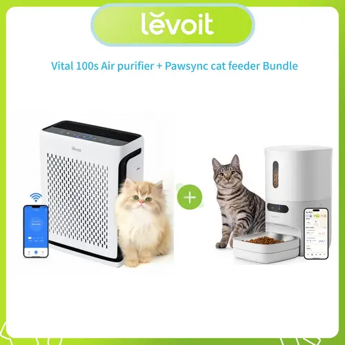 Levoit Vital 100S Pet Air Purifier & Pawsync Automatic Pet Feeder Bundle, Air Cleaner for Large Room up to 1110 Ft², 3.6L Smart Timed Food Dispenser for Cats and Small Dogs tiktokshopmemorialday SummerSale, Remote, Food Storage