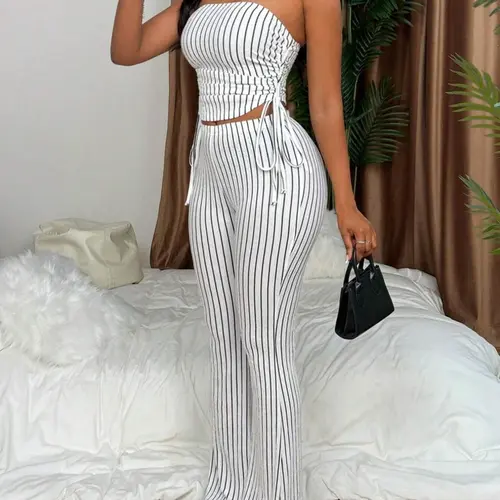 Two-piece Set Women's Striped Print Adjustable Crop Top & Pants, Casual Aesthetic Fashion Cozy Outfits for Daily Outdoor Wear, Women Clothes for Summer, Summer Matching Set, Womenswear