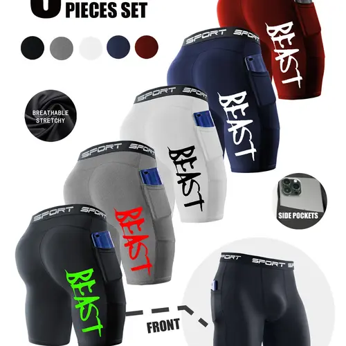 Men's 3-Pack Compression Shorts with" Beast" Print, Quick-Dry and Stretch Fabric, Suitable for Gym, Running and Basketball, Side Pocket Shorts, Workout Shorts, Tight Fitted Shorts, Running Sports Shorts