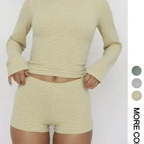 Women's Casual Striped Knitted Fabric Long Sleeve Top and Shorts Set, Fitted Regular Length, All Seasons, Plain Pattern, 2 Piece Outfit, Womenswear Clothes