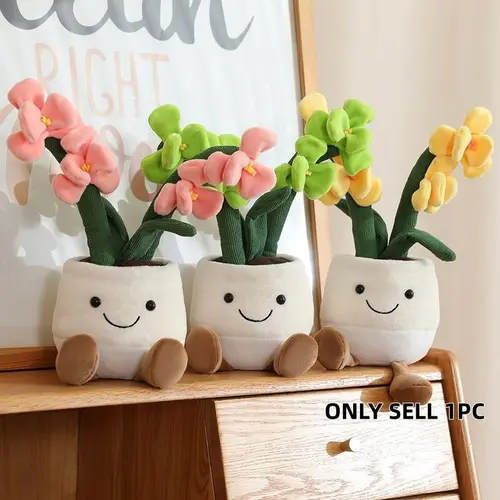 Simulated Orchid Flower Plush Pot Doll, 1-Count Cute Plush Flower Pot Doll, Home Decor Birthday Gift, Soft Adorable Stuffed, Huggable Collectible, Cute Stuffies