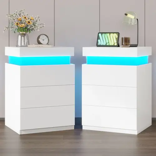 SIKAIC Modern Nightstand with Charging Station, LED Lights, Sliding Top and Drawers - Bedroom Bedside End Side Table (Nightstands with Drawer),dorm essentials,home decor