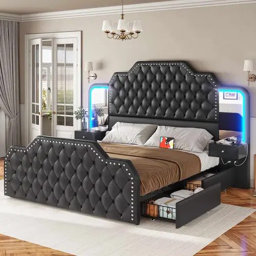SIKAIC Queen Bed Frame - Modern Bedroom & Apartment Furniture, Queen-Size PU Leather Upholstered LED Bed with Diamond Tufted Headboard, Storage Drawers, 2 Nightstands, Mirror, Charging Station,dorm essentials,home decor