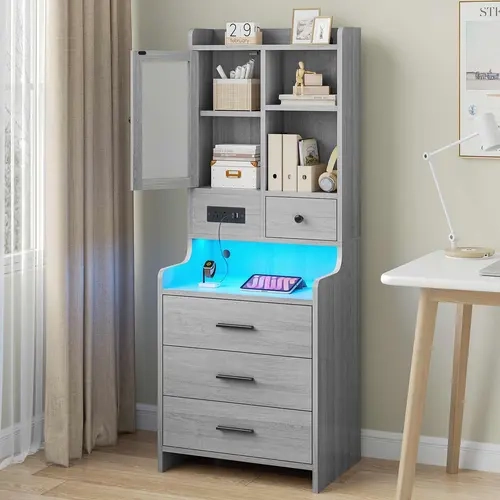 SIKAIC Modern Grey Engineered Wood Indoor Side Table - Tall Height Modern Wooden Nightstand with 2-in-1 Shelf/Table, Charging Station, Power Strip, Drawer, Smooth Metal Slides, Privacy Glass Door, LED Lights, Bedroom Decor, Requires Assembly