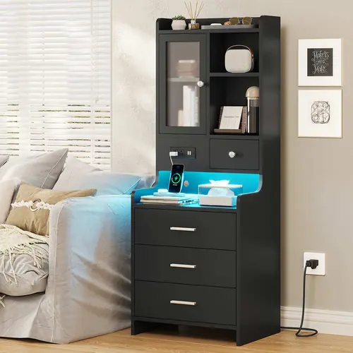 SIKAIC LED Tall Bedroom Nightstand - Modern Bedside Table Cabinet with Bookshelf, Charging Station, Glass Door, 3 Drawers, Room Storage Furniture (Black/Brown End Table), Apartment Furniture,dorm essentials,home decor