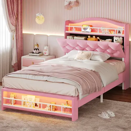 SIKAIC Twin Princess Bed Frame with LED Lights, Pink Velvet Upholstered Bed with Crown Headboard, Storage and Charging Station