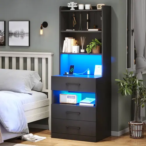 SIKAIC LED Tall 3-Drawer Nightstand with Bookshelf, Charging Station, Open Storage & RGB Lights - Modern End Table for Bedroom Decor Ideas, Apartment Decor Ideas, Chill Room Furniture