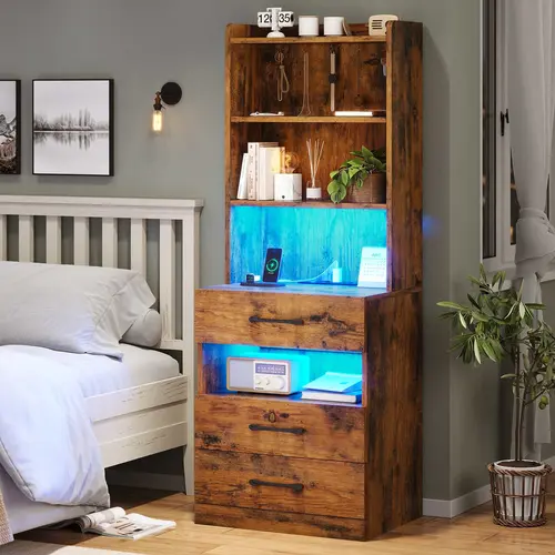 SIKAIC LED Nightstand - Brown Modern Accent Table with MDF Wood, Integrated Bookshelf, Adjustable Height Shelf, Storage Cabinet, Drawers, 13.8"d x17.8"w x51.8"h RGB Lights, Bedroom Decor, Multifunctional Small Space Furniture