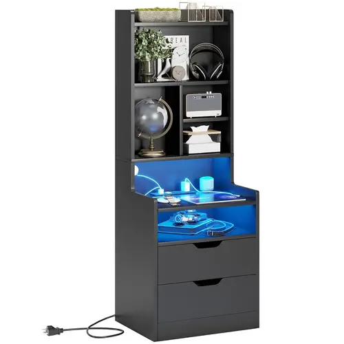 SIKAIC Modern RGB LED Nightstand with Charging Station - Black Bedroom Nightstands, Bedside Table, Built-in RGB LED Lights, USB Ports, Bookshelf Storage, Glide Drawers, Indoor Furniture, 33 Pounds