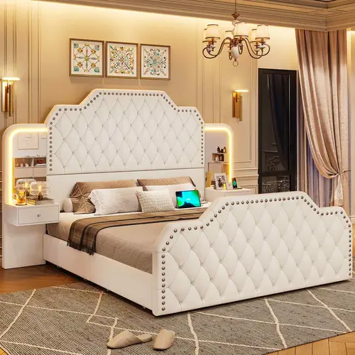SIKAIC Queen Bed Frame with 2 Nightstands, PU Leather Upholstered Platform Bed with LED Headboard and Footboard, Black or White