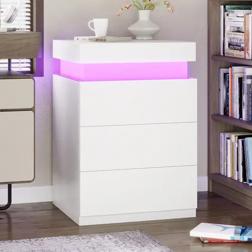 SIKAIC White Modern Nightstand with Drawers - LED Lights, Charging Station, 2 Power Outlets, 2 USB Ports, Glide Top Drawers, Pedestal, Space-Saving Apartment Furniture, Room Decor, Bedroom Inspo Indoor Accent Table,dorm essentials,home decor