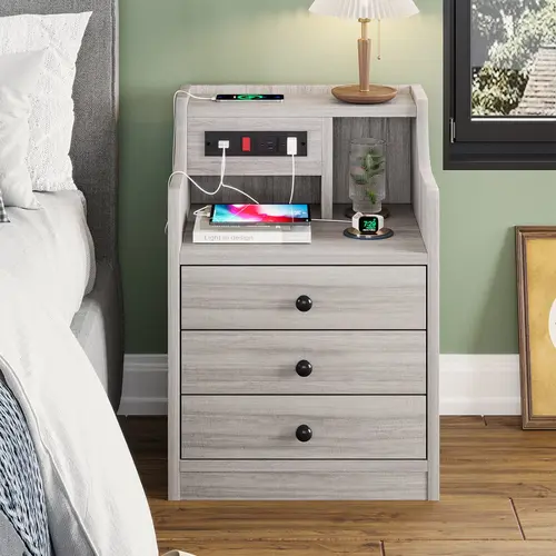 Sikaic Grey Bedroom Nightstand with Drawers - 3-Drawer Room Furniture, USB+Outlets Charging Station, Waterproof Desktop, Dirt-Resistant Hutch Shelf, Modern Small Space Apartment Bedside Cabinet, 13.8"d x17.7"w x26.8"h, Bedside Side Tables, Apartment Furni