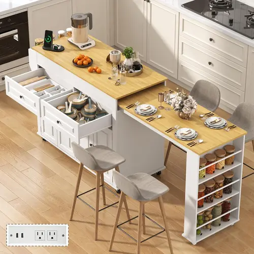 80"-48" Extendable Kitchen Island with Extended Dining Table and Power Outlet,Large Mobile Kitchen Storage Islands with 2 Storage Drawers,Rolling Islands Cart with 3 Extra Rows Open Shelves(White/Black/Marble Black/Brown/Blue)