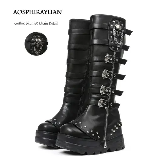 AOSPHIRAYLIAN Women's Black Platform Goth Knee-High Punk Style Boots - Wide Foot Friendly, US6-12, Studded Mid-Calf Combat Shoe, Round Toe, Skull Chain Buckle, Chunky Heel, Back Zipper, Thick Sole Footwear, Statement Shoes