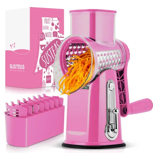 Susteas Pink Rotary Vegetable Chopper - 5 Sharp Stainless Steel Blades, BPA-Free, Smooth Manual Kitchen Gadget for Fast Slicing, Dicing & Grating, Fruit Vegetable Slicer, Cheese Shredder for Home Cooking, Ideal Gifts