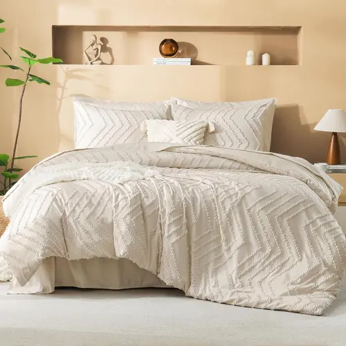 【Deals For You Days】Litanika 7-Pieces Chevron Tufted Boho Bedding Set, Microfiber Comforter Set with 1 Comforter, 1 Flat Sheet, 1 Fitted Sheet 14" Deep Pocket, 2 Pillowcases & 2 Pillow Shams