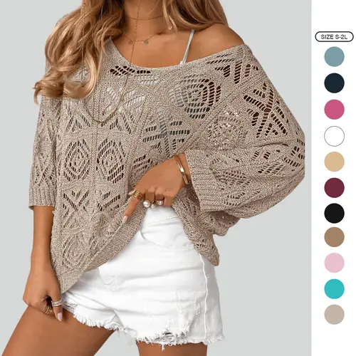 Imily Bela Womens Crochet Cover Up Top Summer 3/4 Sleeve Off Shoulder Sweater Shirts Mesh Boho Beach Swimsuit Coverup