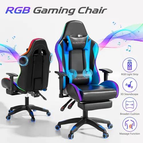 【Led Chair!!】Mr IRONSTONE Gaming Chair with Speakers and Led Lights Ergonomic Massage Computer Office Chair with Broaden Cusion and Footrest High Back Video Game Chair for Adults Kids Boyfriend Gift, Blue Black and Pink