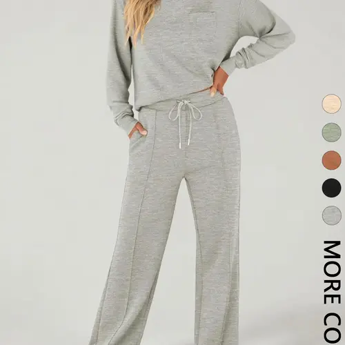 2-Piece Women's Casual Long Sleeve Pocket Sportswear Set, Stylish Comfortable Wide Leg Athletic Tracksuit Set for All Seasons, Casual Sportswear Outfit