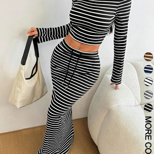 Size Up Women's Striped Print Long Sleeve Top & Skirt Two-Piece Co Ord Set, Elegant Chic Skirt Sets Casual Two Piece Outfits, Fashion Women Clothes for Daily Outdoor All Seasons Wear