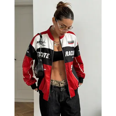 Spring Bomber Jacket Long Sleeve Zip Up Racing Jackets Color Block Y2k Outerwear Vintage Streetwear