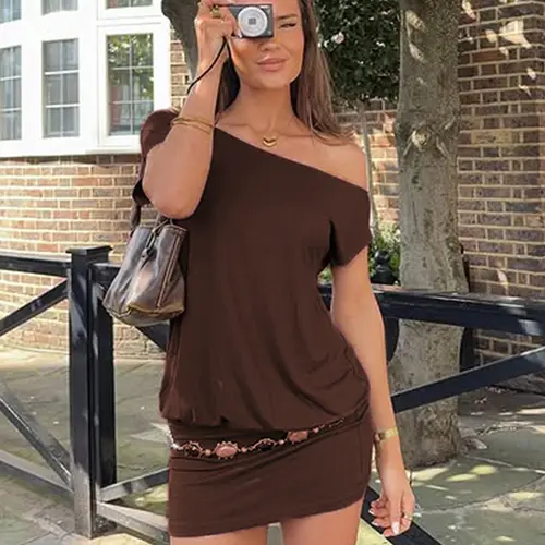 Asymmetrical Batwing Sleeve Off-Shoulder Women's Casual Dress, Trendy Chic Summer Street Style Solid Fitted Bodycon Dress for Ladies (without belt) Beach Summer Dress Womenswear