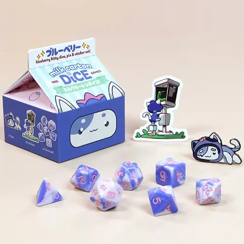1985 Games Fruit-Themed Blueberry Kawaii Kitty Polyhedral RPG Dice Set - Unisex 1-Pack 7-Piece 14-20mm Milk Carton Acrylic Kit with Sticker, Enamel Pin, Charming Box - Back to School, D&D-Compatible, Dice Collectors (12+ Years)