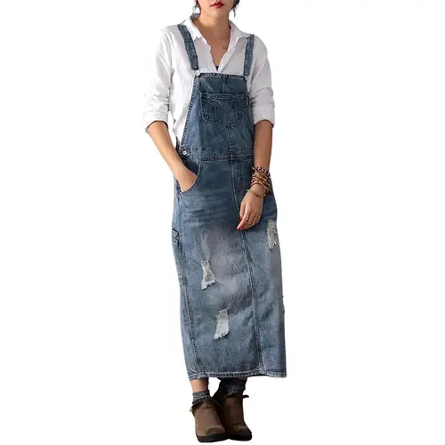 Chouyatou Women's Adjustable Strap Distressed Denim A-Line Pinafore Dress with Split, Tank Top-Blouse Hybrid, Long Sleeve Option, Functional Pocket, Semi Formal, Lightweight, High Waist, Soft, Vintage, Overalls, Women's Clothing, Casual Wear, Crop, Classi