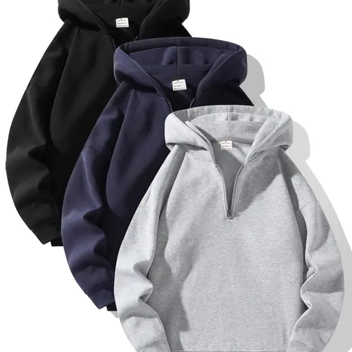 Men's Half-Zip Fleece Hoodie, Casual Fitted Hoodie, Casual Plain Long Sleeve Drop Shoulder Sweater, Thick Fabric for Fall & Winter, Sporty Fashion Pullover, Casual Hooded Sweatshirt