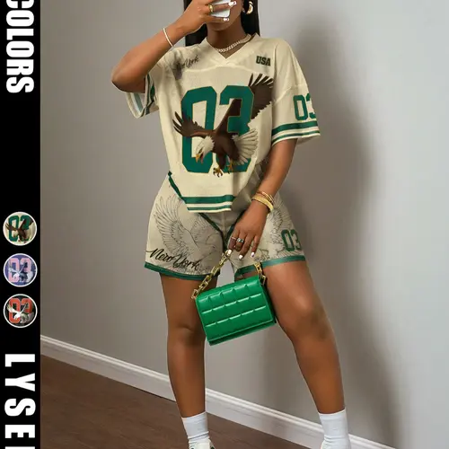 New Spring and Summer Casual Street Sports Style 2-Piece Set, Womenswear, V-Neck Short Sleeve Loose Fitting "03 USA" Slogan Green Striped T-Shirt and Five-Point Apricot Mesh Shorts