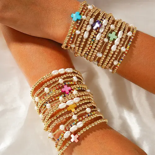 Shinus Women's Boho Gold-Plated Pearl Beaded Cross Bracelet Stack Set - Stretch Religious Jewelry, String of Pearls, Adjustable Anklet, Cute Accessories for Casual Wear, Gifts for Women