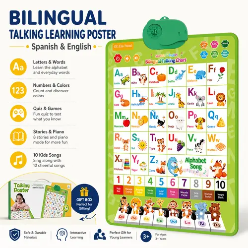 Bilingual Talking Wall Chart for Unisex Preschool Kids Ages 1-6 - English & Spanish Language Toy with Sounds + Songs, Games - Interactive Educational Learning Tool, Visual Learning Tools (Home Use, Back to School Gift)