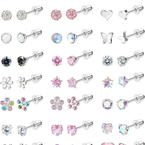24 Pairs Hypoallergenic Post Earrings for Girls and Women, Surgical Steel Screw Back Earrings, Cute Tiny 4mm Flat Back Stud Set for Kids Age 3+, Hypoallergenic Jewelry, Mother's Day Gift, Earrings with Flat Backs