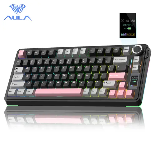 [New]AULA S75 PRO Wireless Mechanical Keyboard with Screen&Knob(Black Pink), Tri-Mode 2.4G USB-C Bluetooth PBT Keycaps Creamy Sounding 75% Hot Swappable Gaming Keyboard with Pre-lubed Switches, RGB Backlit, PC Gaming Keyboards TikTokshopBacktoschool,summe