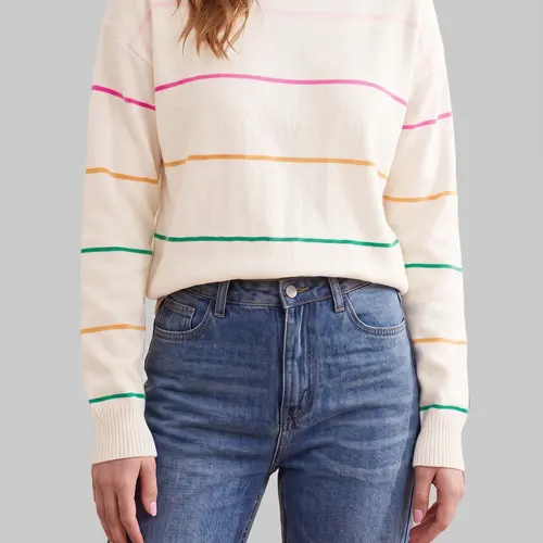 Shewin Women's Knitwear Pullover, Casual Colorful Striped Style, Oversized Long Sleeve Crew Neck Polyester Top,back to school,back to school shopping, Women's Tops, Sweaters,clothes for back to school,first day of school outfits Womenswear Crewneck
