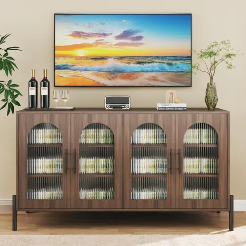 Sideboard Buffet Cabinet with Storage, 55" Modern Sideboard Cabinet with 4 Fluted Glass Doors & Adjustable Shelves, Wood Buffet Console Table for Living Room, Kitchen, Dark Walnut