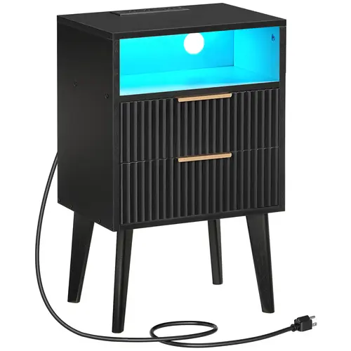 MAHANCRIS Modern End Table - Bedside Cabinet with 4-Mode LED Ambience, Charging Ports, 2 Drawers + Open Top, Sleek Metal Handles, Wood Table for Living Room, Bedroom, Black Nightstand