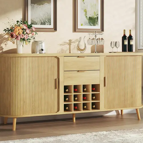 Sideboard Buffet Cabinet with Storage, 58" Fluted Tambour with 12 Wine Tanks, Adjustable Shelves, 2 Drawers, Mid Century Modern Console for Kitchen Living Room