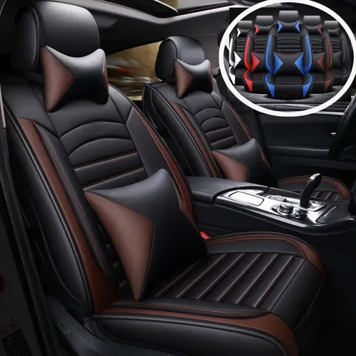 Luxury 5-Seat Car Seat Covers Full Set, 4-Season Wear-Resist PU Leather, Waterproof, Wet-Cloth Washable, Airbag Ready, Secure Buckle, 2 Neck Pillows, Lumbar Support, 1 Armrest Cover, 40/60 Split Bench, Full Surround, Universal for Cars, Sedans, SUVs