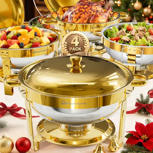 [Back To School] WARMOUNTS 5QT Round Elegant Design Chafing Dishes - Glass/Stainless Steel Lid, Lid Holder, Rolled Rim, Stainless Steel Pans - 2 or 4 Packs Buffet Warmers for Parties/Wedding, Round Shape, Gold*4