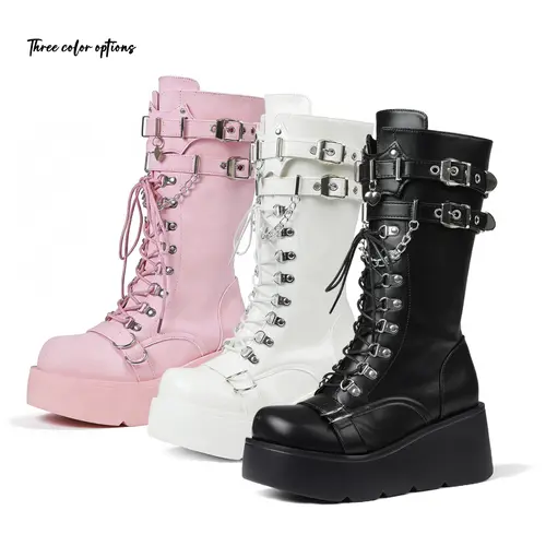Women Gothic Knee High Boots Wedge Platform Mid Calf Round Toe Side Zip Boots Lace Up Punk Style Boots Comfortable Tall Punk Combat Boots,shoes for back to school,back to school shoes sohochic