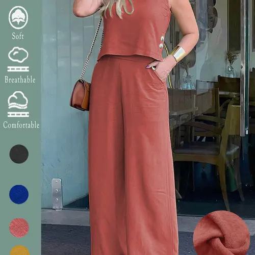 Women's Elegant Basic Solid Color Woven Loose Sleeveless Round Neck Cropped Top Wide Leg Pants Outfit Suits Set 2pcs, Comfortable Summer Everyday Casual with Pockets for All Seasons, Stylish Set for Holiday & Daily Wear
