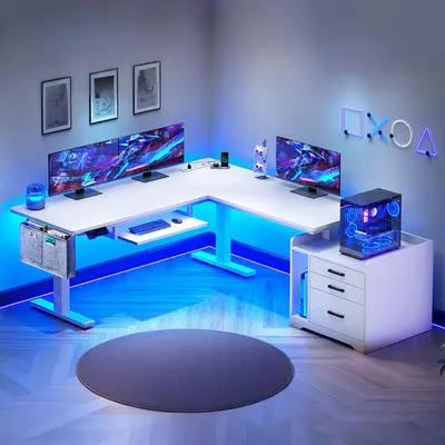 Sedeta 63-in Ergonomic Electric Sit-Stand L-Shaped Metal Hydraulic Standing Desk - Commercial Office Furniture with Monitor Shelf, Sturdy Base, LED Lights, 3 Dual Drawers, Power Outlet, Gaming Desk for Gamers, Gaming Desks, Modern Desks & Workstations, St